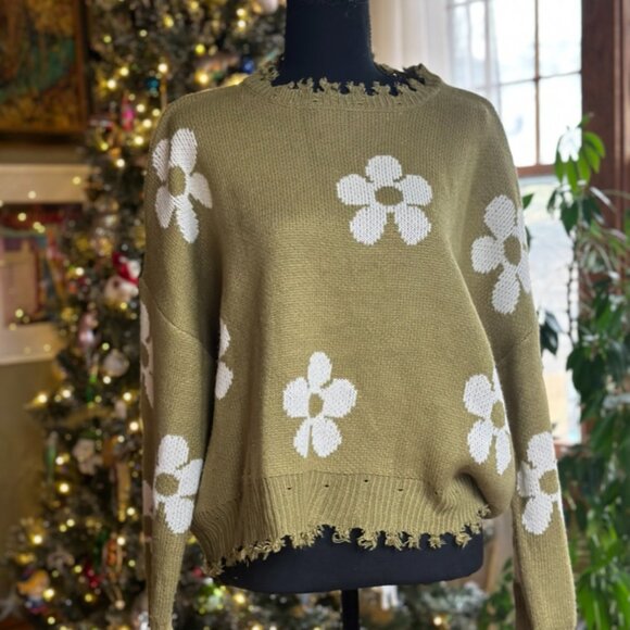 Distressed Green Daisy Sweater - Picture 1 of 6